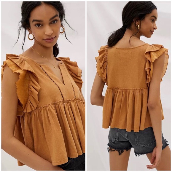 NWT ANTHROPOLOGIE CAROLINE RUFFLED BABYDOLL TOP IN CEDAR - Picture 6 of 7